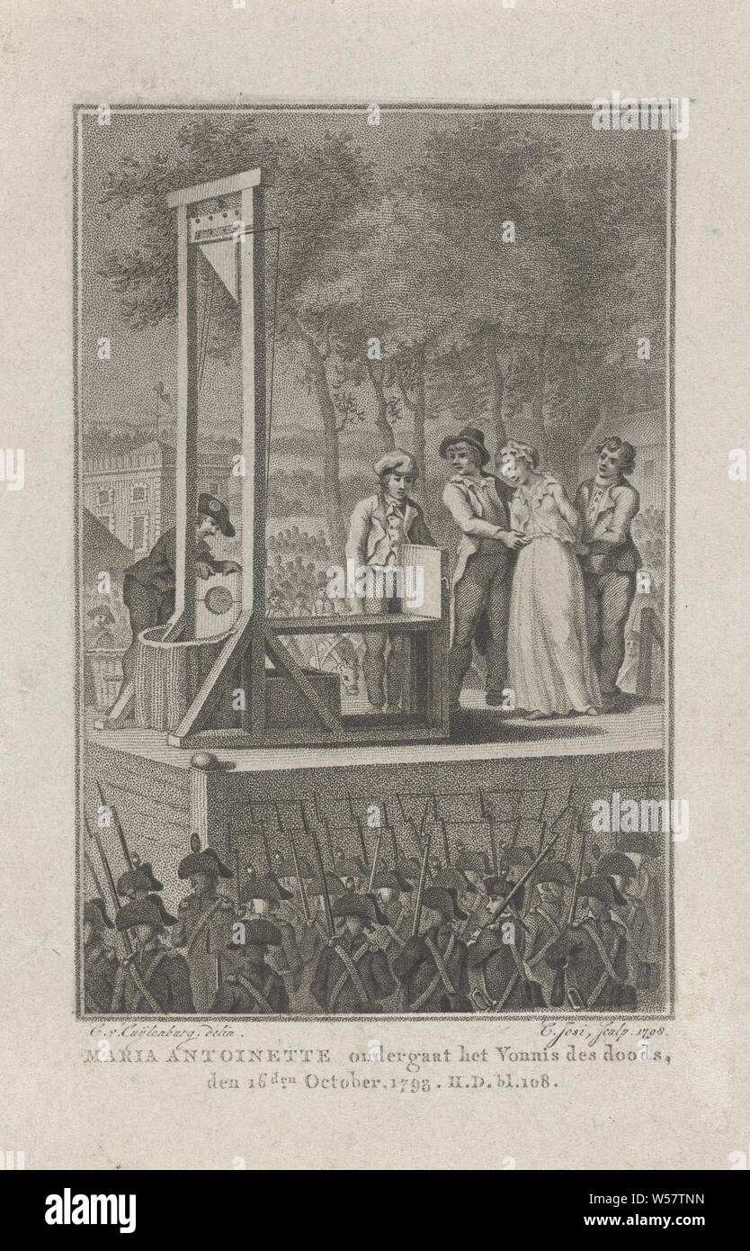 Marie Antoinette ist an die Guillotine, 1793 gebracht, Marie Antoinette ist am 16. Oktober 1793 auf der Guillotine brachte am Place de La Révolution (heute Place de la Concorde). Soldaten, die in den Vordergrund, von der Rückseite gesehen. In der Marge eine zweizeilige Beschriftung in Niederländisch, Place de la Concorde, Marie Antoinette, Christiaan Josi (auf Objekt erwähnt), Amsterdam, 1798, Papier, Ätzen, h 192 mm × 126 mm. Stockfoto