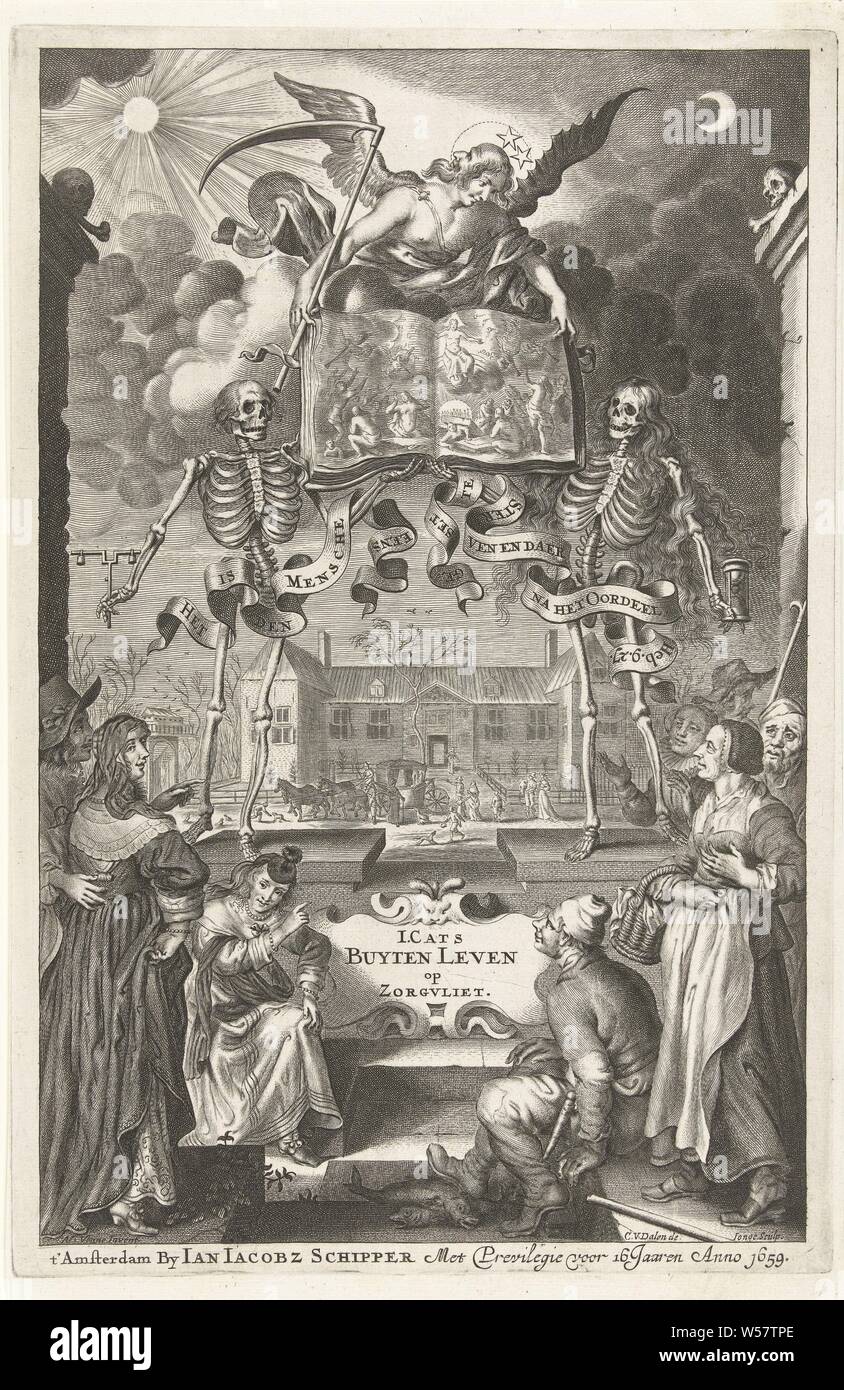 Stadt Menschen und Landwirte Blick auf zwei Skelette und Engel mit Buch bei der Vorstellung des jüngsten Gerichts Titelseite für eröffnet: Jacob Cats, buyten Leven auf dem Zorgvliet, Amsterdam 1659 Buyten Leven auf dem Zorgvliet (Titel auf Objekt), Stadsmensen und Landwirte an zwei Skelette und Engel mit Buch bei der Vorstellung des jüngsten Gerichts eröffnet. Mit dem abschließenden Urteil in Aussicht, Sie geraten tugendhaftes Leben zu leben. Im Hintergrund eine Landschaft mit einem großen Haus, in dem die Stadtbewohner sich einfach und tugendhaft außerhalb der Stadt genießen, der Gegenstand der wichtigsten Gedichte in der Edition. Auf einem Stockfoto
