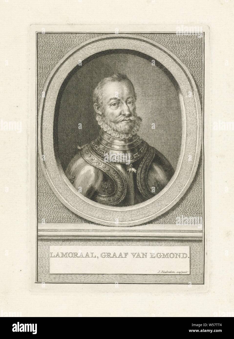 Portrait von lamoral Graf von Egmond, Graf Lamoral von Egmond (Titel auf Objekt), Büste von lamoral Graf von Egmond in einem Oval. Das Porträt ruht auf einem Sockel, auf dem sein Name, Lamoral Graf van Egmond, Jacob Houbraken (auf Objekt erwähnt), Amsterdam, 1749 - 1759 und/oder 1796, Papier, Gravur, H 179 mm x B 120 mm Stockfoto