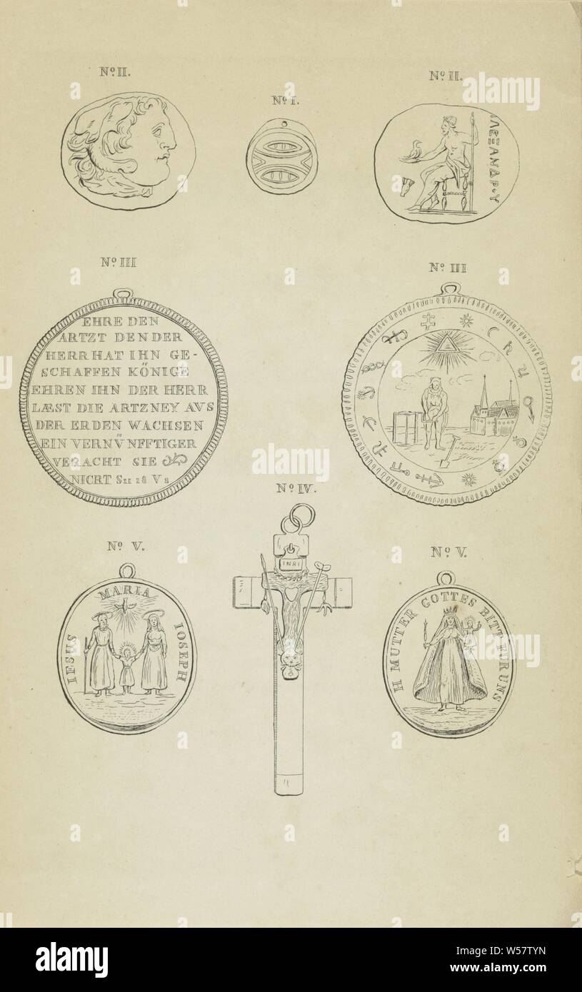 Acht Amulette Buch Abbildung für: G. Emaus de Micault, die Amulette in ihrer Herkunft und weitere Fortschritte, 1847, die amulette sind nummeriert. Die Vorder- und Rückseite von ein paar angezeigt werden. Das Amulett in der unteren Mitte hat die Form eines Kreuzes, Amulett, Talisman, Gerardus Emaus de Micault (auf Objekt erwähnt), Papier, h 220 mm × 140 mm. Stockfoto