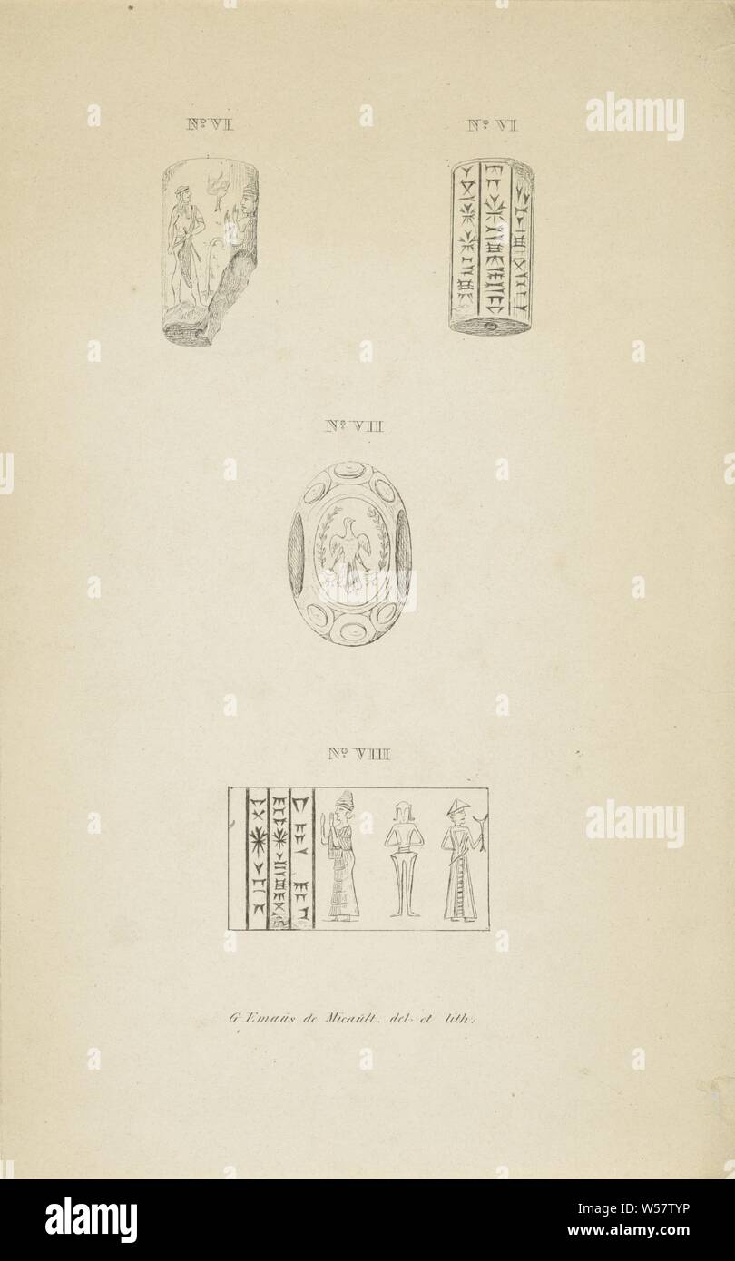 Vier Amulette Buch Abbildung für: G. Emaus de Micault, die Amulette in ihrer Herkunft und weitere Fortschritte, 1847, die amulette sind nummeriert. Drei Vögel sind auf der Mitte, amulett Amulett, Talisman dargestellt, Gerardus Emaus de Micault (auf Objekt erwähnt), Papier, h 220 mm × 140 mm. Stockfoto