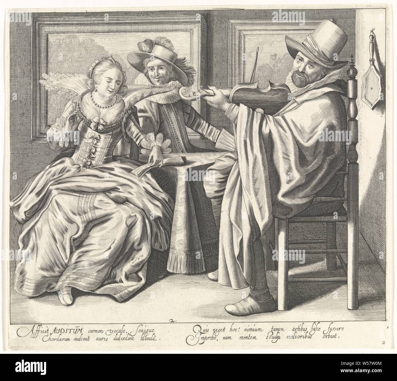 Auditus/die Anhörung fünf Sinne (Titel der Serie), in einem Innenraum, ein elegantes Paar am Tisch von einer Geige Spieler aus einer Musik Buch singen sitzt. Sie Kleidung tragen, nach der Weise der Ca. 1620. Die Dame trägt ein Kleid mit Bögen und einen sehr weiten offenen Kragen. Es gibt zwei Gemälde an der Wand hinter dem Paar. Unter dem Bild zwei Spalten mit lateinischen Text. Der Druck ist Teil einer Serie mit Drucken über die fünf Sinne, Hören, Zuhören (einer der fünf Sinne), Kleidung, Kostüm (Kleidung der Männer), Kostüm (damenbekleidung), Kap (Herren Kleidung), Kopfbedeckung: Hut (der Männer Stockfoto