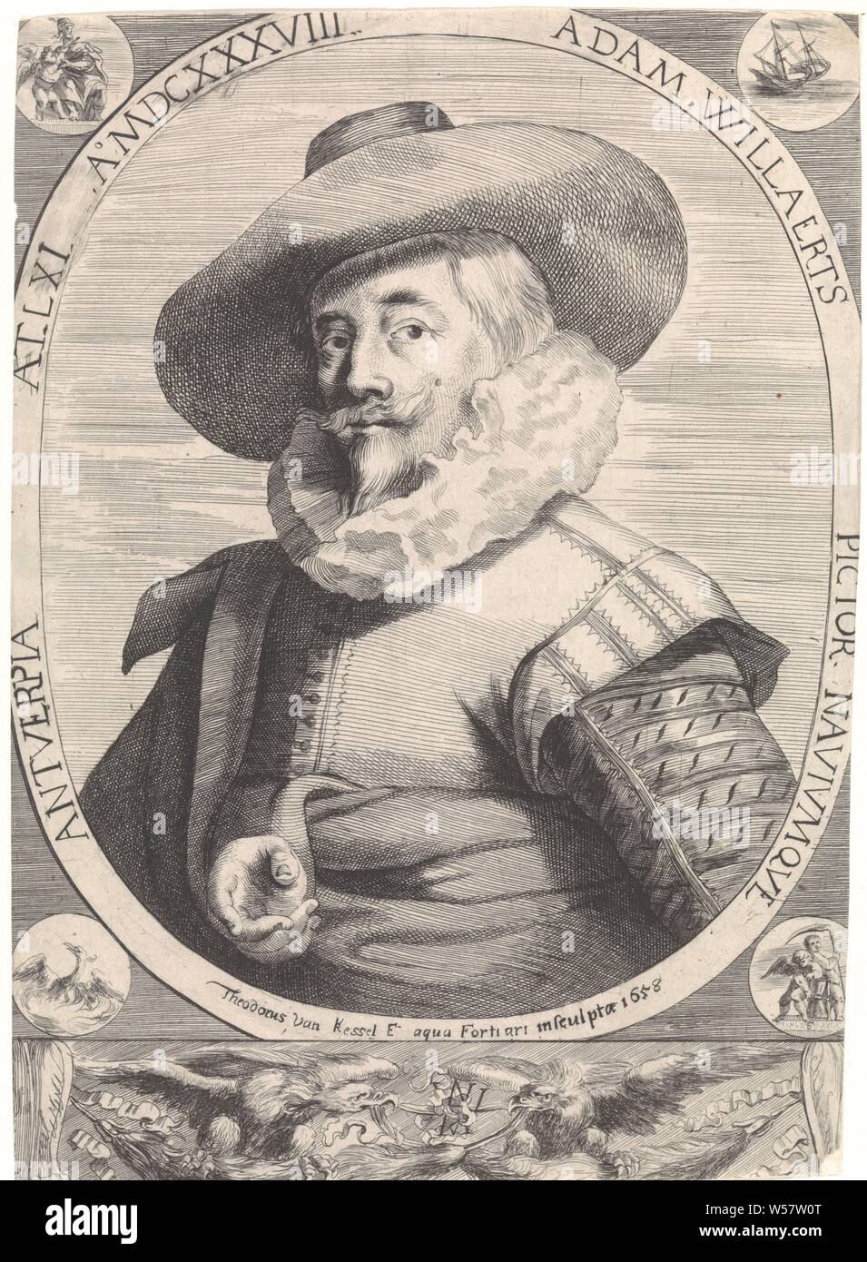 Portrait von Adam Willaerts, Brustbild in einem Oval auf der linken Seite der Marinemaler Willaerts Adam. In den vier Ecken des Magazins sind Medaillons und unter dem Oval ein Streifen mit zwei Adler, Porträt, Selbstporträt des Künstlers, Sanduhr, Raubvögel, Segeln, Schiff, Segelboot, Adam Willaerts, Theodorus van de Velde (auf Objekt erwähnt), 1658, Papier, Gravur Stockfoto