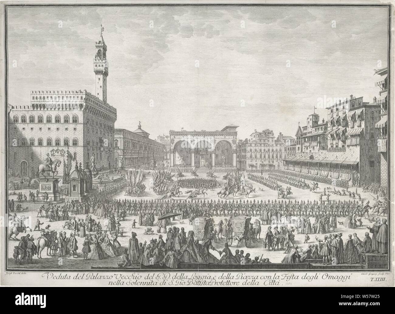 Festlichkeiten auf der Piazza della Signoria in Florenz Veduta del Palazzo Vecchio del G.D. Loggia della Piazza del Festa degli Omaggi nella Solennita di S. Gio. Batista Prottetore della Città (Titel auf Objekt), Blick auf die Piazza della Signoria in Florenz mit dem Palazzo Vecchio, die Uffizien und die Loggia dei Lanzi. Feierlichkeiten finden auf dem Platz, eine Parade mit Reiter auf dem Pferd, zu Ehren des Heiligen Johannes des Täufers, des Schutzpatrons der Stadt. Nummeriert unten rechts: T. XXIII, Quadrat, Ort, Zirkus, usw., Festlichkeiten (Öffentlichkeit, festliche Aktivitäten), Florenz, Palazzo Vecchio Stockfoto