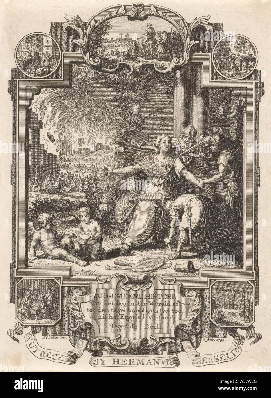 Kartusche mit Allegorie auf die jüdische Geschichte Titelseite für: kornelis Westerbaen, allgemeinen historischen, 1743, die jüdische Jungfrau wird von drei Soldaten belagert. Im Hintergrund die Zerstörung von Rom. Auf der linken Seite im Vordergrund zwei Putti, eins mit dem türkischen Halbmond in der Hand, die den Aufstieg und Fall der Weltreiche (Partian, Persischen und Syrischen Reich). Im Rahmen der Kartusche Medaillons mit biblischen Szenen, Personifikationen der Länder, Nationen, Staaten, Gemeinden, etc., die Reiche der Welt, Zerstörung der eroberten Stadt, gewaltsamen Tod durch Waffe, Rom, Jan Caspar Stockfoto