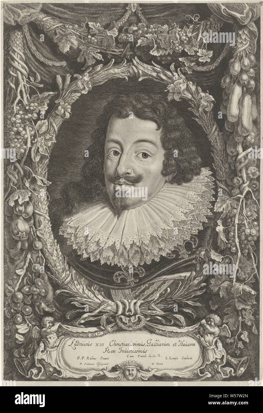 Porträt von König Louis XIII Ferdinandus II [us] und III [us] Imperatorum Domus Austriacae (Titel der Serie), Portrait von Louis XIII., König von Frankreich, Louis XIII (König von Frankreich), Jacob Louys (auf Objekt erwähnt), Haarlem, 1644 - 1650, Papier, Ätzen, H 409 mm x B 278 mm Stockfoto