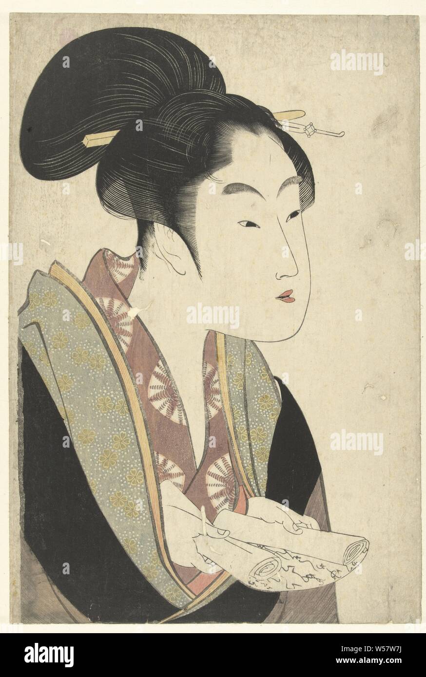 Liebe, die jede Nacht Yogoto ni au koi Liebe Gedichte (Titel der Serie) Kasen koi no Bu (Titel der Serie), Büste Porträt der jungen Frau mit lieben Brief in Händen. (Bijinga), Kitagawa Utamaro, Tokyo, 1792 - 1796, Papier, Farbholzschnitt, H 390 mm x B 263 mm Stockfoto