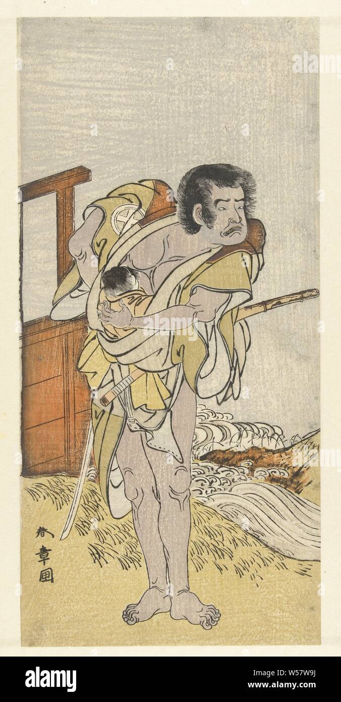 Schauspieler Otani Hiroemon III mit Kind, Schauspieler, leicht bekleideten, mit einem Kind an die Brust mit der linken Hand und ein Schwert in der rechten Hand, Fluss im Hintergrund, Otani Hiroemon III, Shunsho Katsukawa (auf Objekt erwähnt), Japan, 1773-1777, Papier, Farbholzschnitt, H 312 mm x B 152 mm Stockfoto