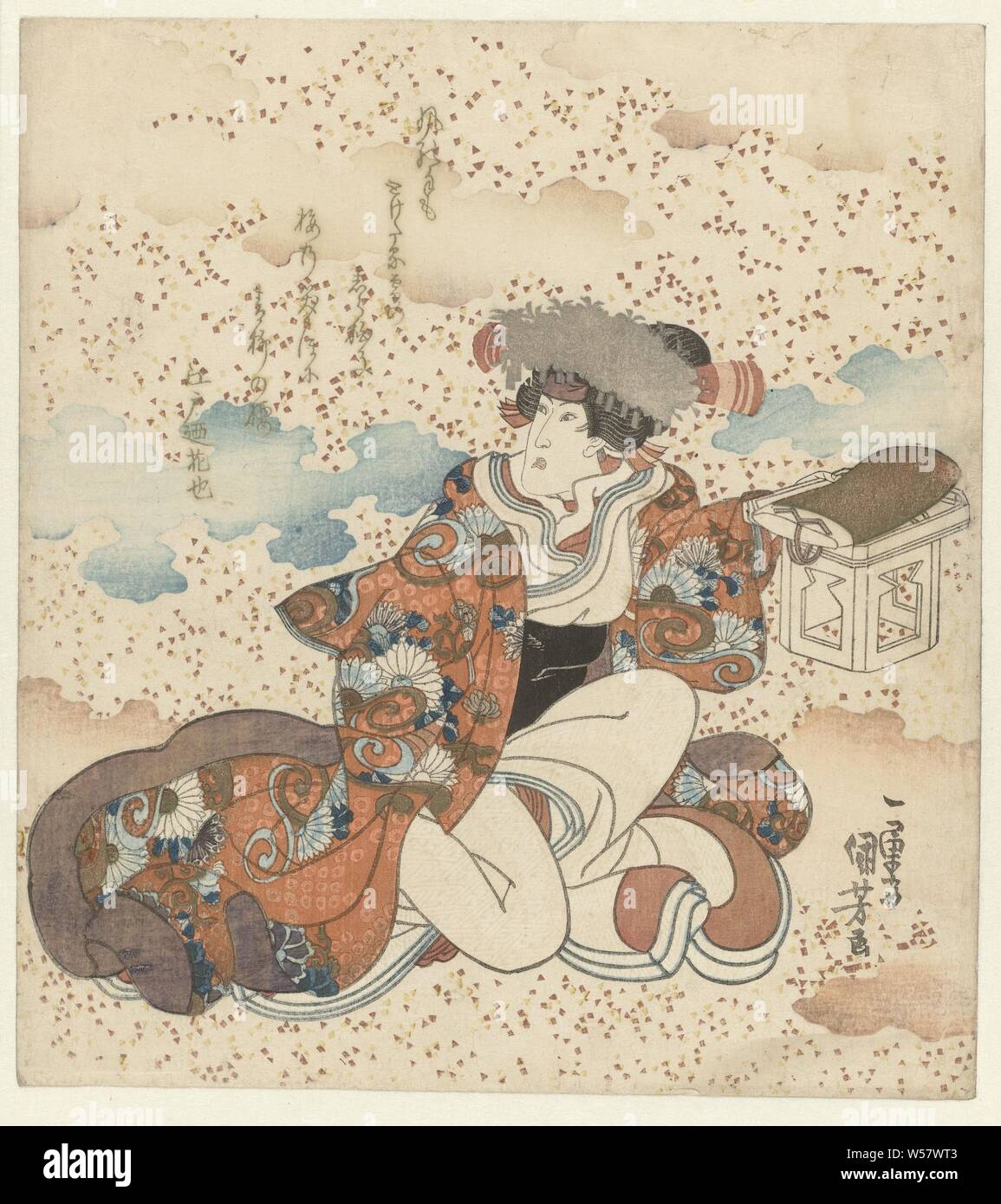 Kniende Frau mit aufopfernder Tabelle, der Schauspieler Iwai Hanshirô VI (1799-1836) in der Rolle der Frau, mit einer aufopferungsvollen Tabelle in der linken Hand. Vor dem Hintergrund der farbigen Wolken und Spots, Nachahmung der alten Gemälden. Mit einem Gedicht. Rechte Blatt ein Triptychon., Utagawa Kuniyoshi (auf Objekt erwähnt), Japan, C. 1830, Papier, Farbholzschnitt, H 207 mm x B 189 mm Stockfoto