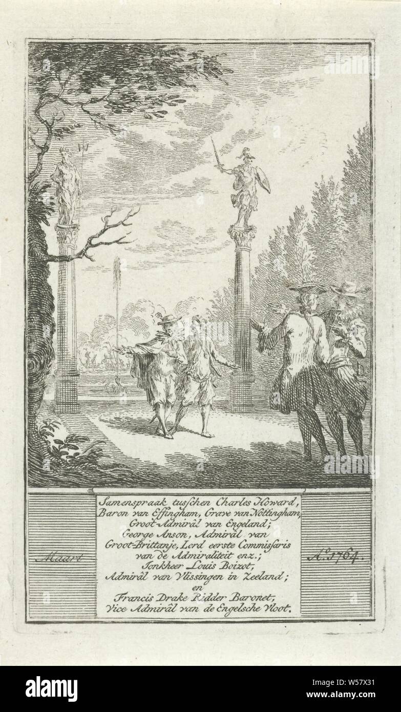 Zwei Paare der historischen Persönlichkeiten im Gespräch Abbildungen der nationalen Geschichte (Titel der Serie), in einem Garten zwei Männer miteinander zu reden. Dies betrifft die Englischen admirals Charles Howard, George Anson und Francis Drake und der Niederländische admiral Louis Boizot. Im Garten auf Säulen Statuen von Neptun und Mars. Unter dem Bild einen Text mit Datum März 1764., Statuen, Skulpturen im Garten, Säule, Säule, Architektur, Neptun als der Herr des Meeres, spezifische Aspekte, allegorischen Aspekte des Mars, Mars als Schirmherr, Charles Howard, George Anson, Louis Boizot, Francis Drake (1540 Stockfoto
