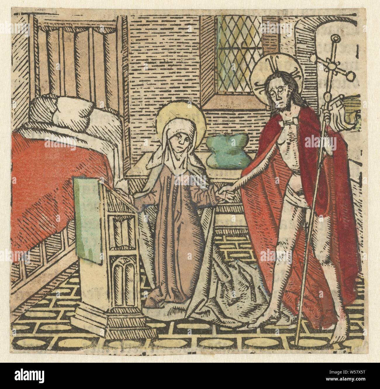 Christus erscheint Maria, Maria kniet im Zimmer, hält hand Erscheinen Christi, Christus, vielleicht als Pilger verkleidet, zu seiner Mutter, die in der Regel angezeigt wird beten, Meester van Haarlem (zugeschrieben), Nederlanden, 1485-1491, Papier, H 92 mm x B 97 mm Stockfoto