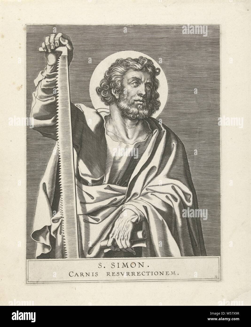 H. Simon, Saint Simon, stehend mit Blättern und eine Säge in der Hand. Der Apostel Simon der Zelot (oder Simon die Kanaaniter), mögliche Attribute: Buch, sah, Scrollen, Cornelis Galle (I), der Südlichen Niederlande, 1586 - 1650, Papier, Gravur, H 278 mm x B 213 mm Stockfoto