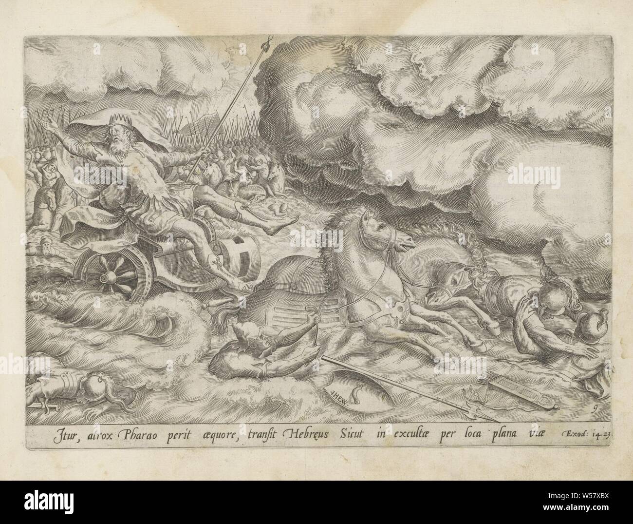 Zerstörung der ägyptischen Armee im Roten Meer von Moyses und Pharao (Titel der Serie) Geschichte des Mose für den Exodus (Titel der Serie) Den Grooten Figuer-Bibel (...) (Titel der Serie), nachdem die Israeliten auf der anderen Seite des Roten Meeres erreicht haben, das Wasser des Roten Meeres fließt zurück, ertrinken Pharao und seine Armee. Unter der Leistung einen Verweis auf die Bibel in Lateinischer Text in Ex. 14:23. Dieser Ausdruck ist Teil eines Albums, Pharao und seine Armee in das Rote Meer (Israel nicht oder kaum sichtbar), Johannes Wierix (auf Objekt erwähnt), 1579 und/oder 1646, Papier, Gravur, H 201 mm x B 286 mm Stockfoto