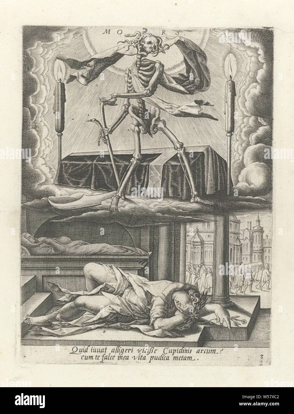 Triumph des Todes Mors (Titel auf Objekt) Sechs Triumphe von Petrarca' (Titel der Serie), die mit lateinischen Caption, 'Trionfo Della Morte', 'Triumphus Mortis", "Carro Della Morte" (Ripa), den Tod als Skelett, Sarg, Trauerzug, Trauerzug, Matthäus Greuter, 1596, Papier, Gravur, H 206 mm x B 153 mm Stockfoto