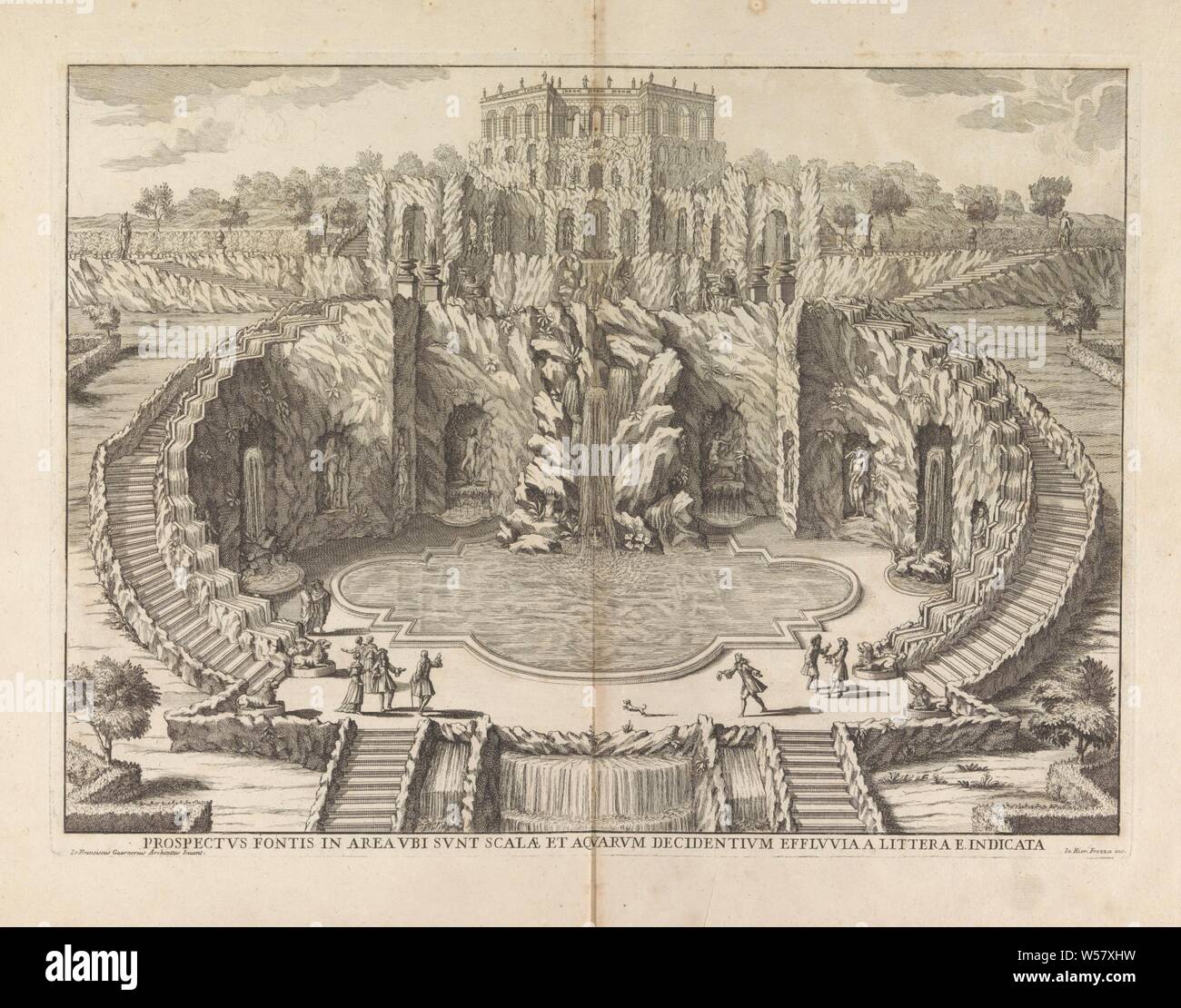 Brunnen vor der Herkules in Karlsberg Prospekt fontis in Bereich ubi sunt Reichweite und aquarum decidentium effluvi (...) (Titel auf Objekt) Delineatio montis ein Metropoli Hasso-Cassellana uno circiter milliari distantis... (Titel der Serie) Disegno del Monte situato Presso la citta Metropolitana di Cassel ... (Titel der Serie), Drucken ist Teil eines Albums, Garten Brunnen, künstliche Grotte in Garten, Blick auf die Stadt, und Landschaft mit künstlichen Konstruktionen, Palast, Karlsberg, Herkules, Bergpark Wilhelmshöhe, Giovanni Girolamo Frezza (auf Objekt erwähnt), 1706, Papier, Ätzen, h 355 Stockfoto