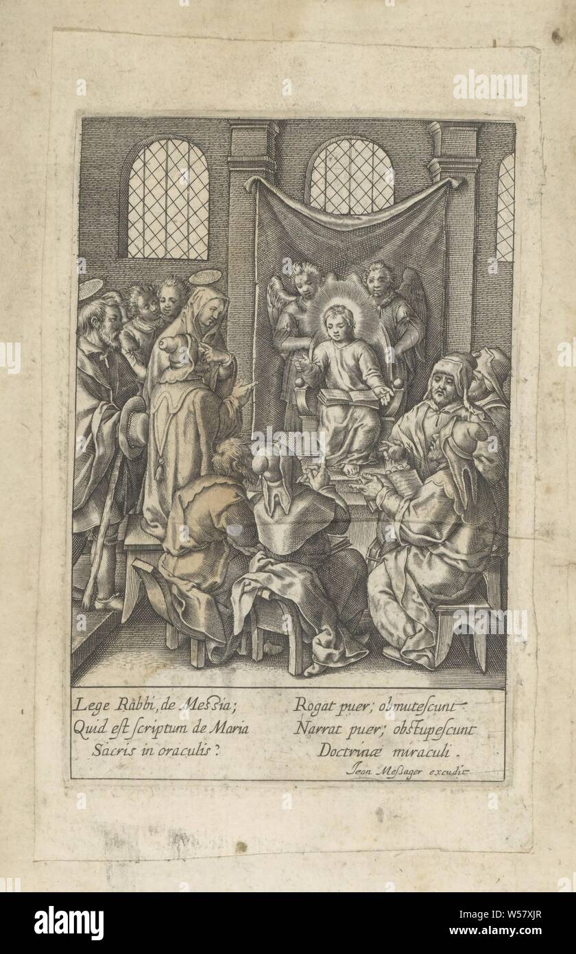 Christus als der 12-Jährige im Tempel Vita Deiparae Virginis Mariae (Titel der Serie) das Leben der Jungfrau Maria (Titel der Serie), Christus sitzt im Tempel auf einem Thron, hinter ihm zwei Engel. Er erklärt, das Skript zu den Schriftgelehrten. Josef und Maria geben Sie den Tempel und ihren 12-jährigen Sohn unter den Gelehrten finden. In der Marge eine 6-line Beschriftung, in zwei Spalten, in Latein. Der Druck ist Teil eines Albums, Christi Streit mit den Ärzten in den Tempel, er seine Argumente auf seine Finger zählt, Jean Matheus (auf Objekt erwähnt), Paris, 1590-1649, Papier, Gravur, H 101 mm x B 67 mm Stockfoto