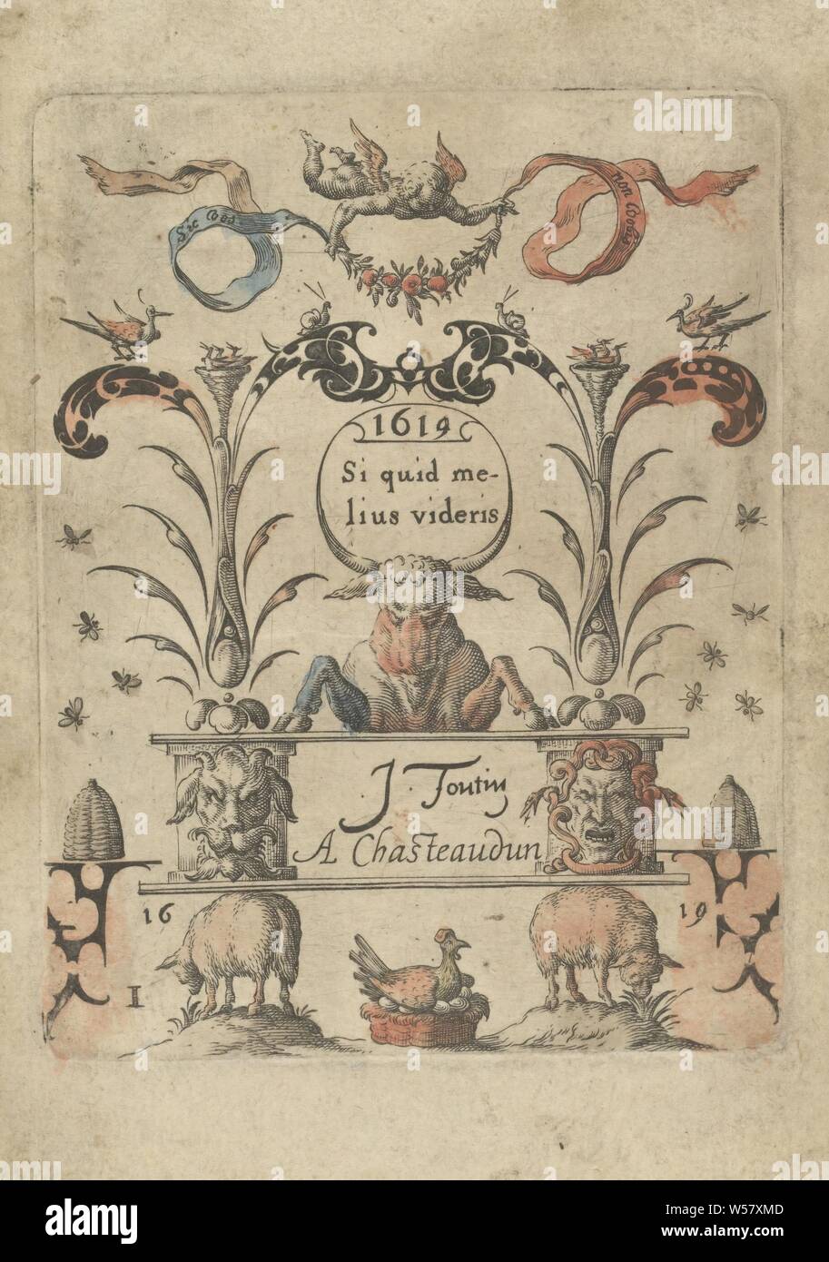 Stier und vordere Beine auf einer Höhe Sic Fox nicht Vobis/Si quid Melius videris (Titel der Serie auf Objekt) schwarz Ornamente (Titel der Serie), einem Bullen oder Ochsen mit der Titel der Serie zwischen den Hörnern und seine Vorderbeine auf einer Höhe mit zwei Säulen und Brunnen Mascarons. Auf beiden Seiten einen Bienenstock und im Vordergrund zwei grasenden Schafen und ein Huhn in einem Korb mit Eiern. An der Spitze ein putto mit einem Kranz und ein Band mit dem Motto: Sic vos non Vobis. Nummerierte linken unteren I. Der Druck ist Teil eines Albums, Schmuck, Kunst, Titelblatt, Ochse, bee-Hive, Schafe, Jean Toutin, Châteaudun, 1619, Papier, Gravur Stockfoto