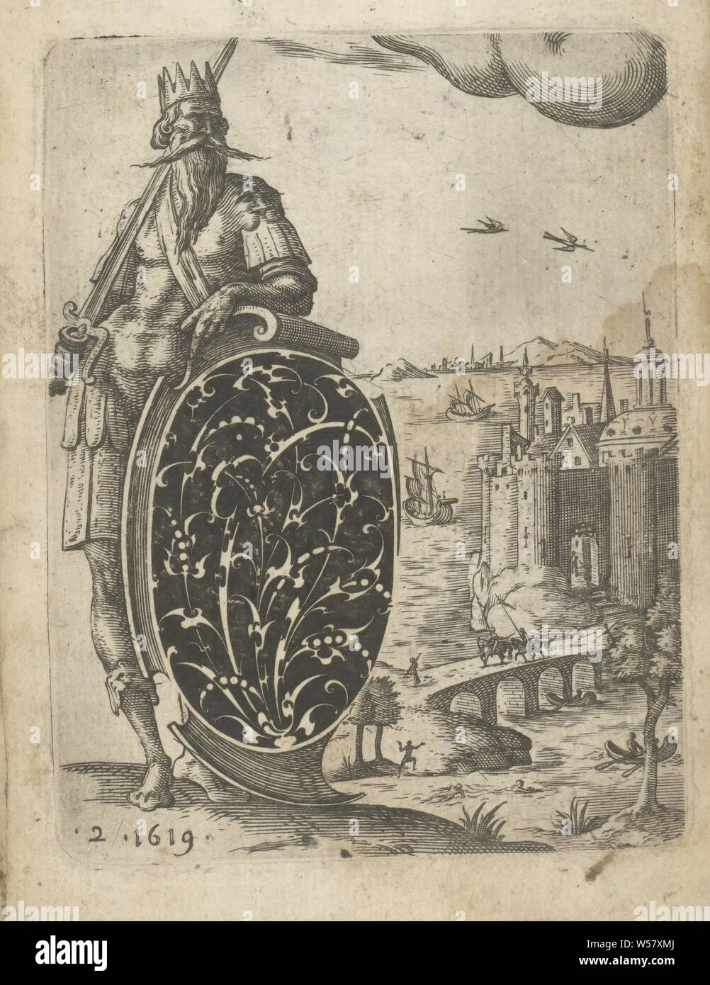 Schwarz Ornament in Form einer Shield schwarz Ornamente (Titel der Serie), Schwarz Ornament in Form eines Schildes, von einem gepanzerten König mit einem Schwert hielt. Auf der rechten Seite ein Schloss, am Meer gelegen. Nummeriert unten links 2. Der Druck ist Teil eines Albums, Schmuck, Kunst, schützende Waffen: Schild, Schloss, König, Jean Toutin, Châteaudun, 1619, Papier, Gravur, H 105 mm x B 81 mm Stockfoto