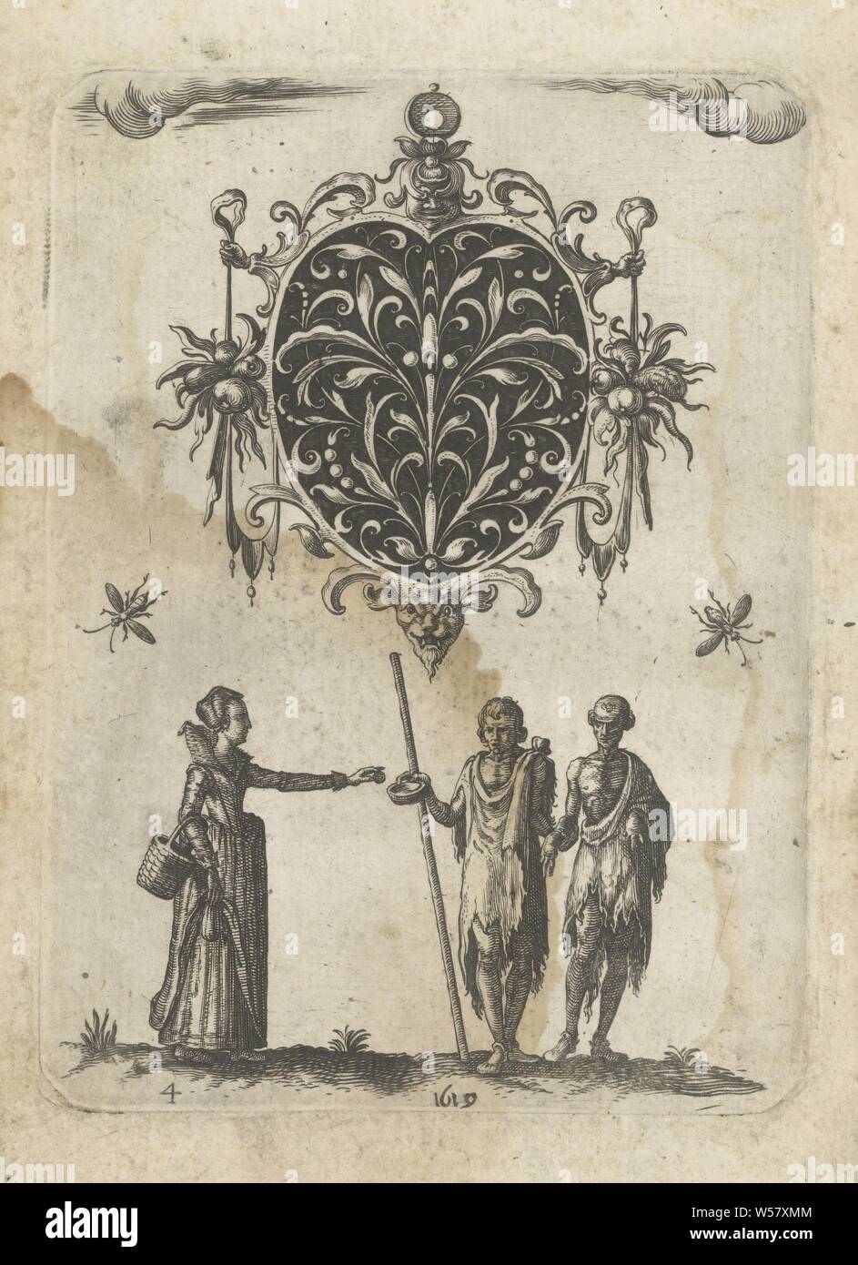 Blackwork in der Form eines Herzens, Schwarz Ornament in Form eines Herzens, in einem Rahmen mit Brunnen Mascarons und zwei Trauben von Obst. Unten, eine gut-zu-Frau mit einem Korb am Arm tun gibt Almosen zu zwei arme Männer. Nummeriert unten links 4. Der Druck ist Teil eines Albums, Schmuck, Kunst, Almosen, Sammlung, Insekten: Biene, die Reichen, die Armen, Jean Toutin, Châteaudun, 1619, Papier, Gravur, H 108 mm x B 79 mm Stockfoto