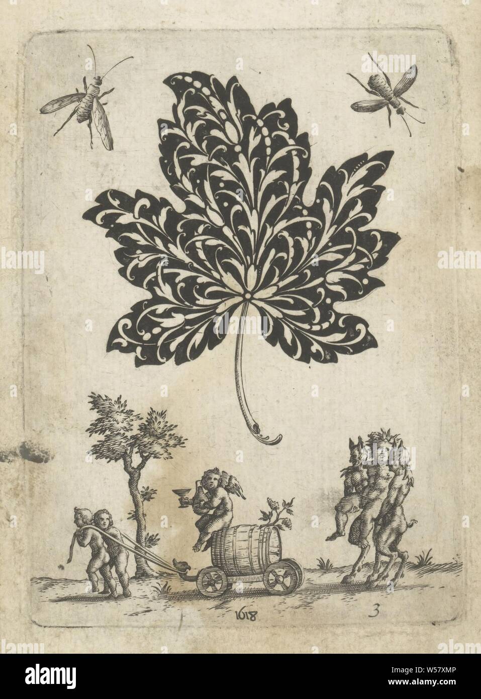 Schwarz Ornament in Form einer Maple Leaf. Schwarz Ornamente (Titel der Serie), schwarze Verzierung in der Form eines Ahornblattes. Im Obergeschoss zwei Bienen. Unter dem Bacchus Prozession. Bacchus ist von zwei satyrn durchgeführt. Zwei putti zeichnen ein weinfass. Nummeriert unten rechts 3. Der Druck ist Teil eines Albums, Schmuck, Kunst, (Geschichte der) Bacchus (Dionysos), Liber, Jean Toutin, Châteaudun, 1618, Papier, Gravur, H 110 mm x B 81 mm Stockfoto