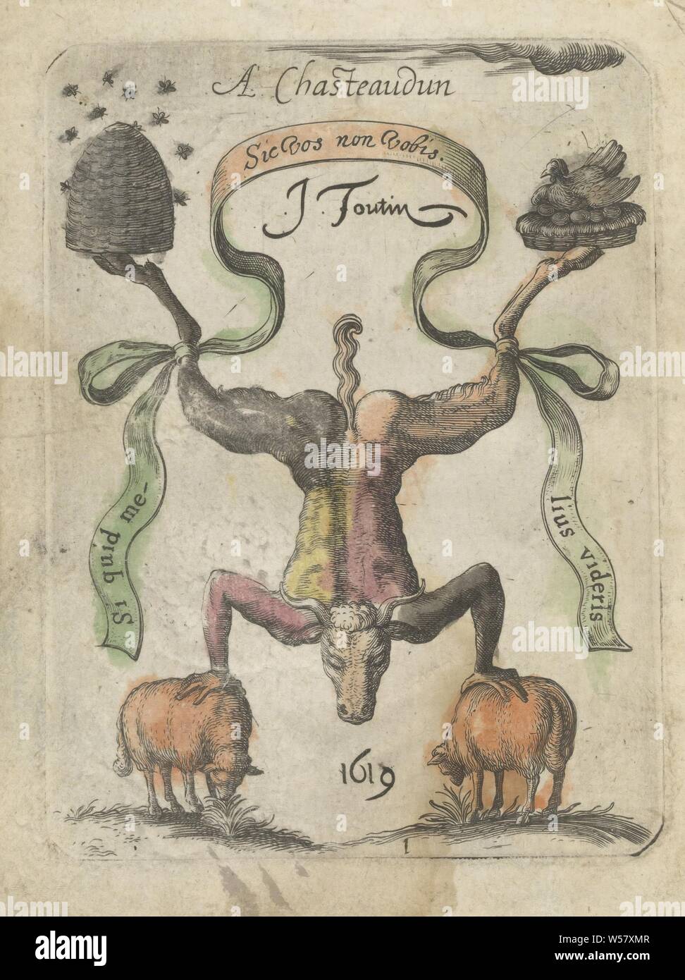 Stier im handstand Sic Fox nicht Vobis/Si quid Melius videris (Titel der Serie auf Objekt) schwarz Ornamente (Titel der Serie), einem Bullen oder Ochsen steht im Handstand auf zwei grasenden Schafen. Auf seinen Hinterbeinen eine Struktur und ein hühnernest. Die Titel der Serie sind auf ein Band, um beide Beine gebunden geschrieben. Nummeriert unten Mitte 1. Der Druck ist Teil eines Albums, Schmuck, Kunst, auf den Kopf oder auf den Händen, Bull, bee-Hive, Schafe, Jean Toutin, Châteaudun, 1619, Papier, Gravur, H 105 mm x B 79 mm Stockfoto