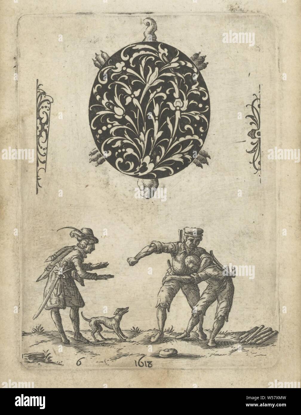 Schwarz Ornament in Form einer Schildkröte schwarz Ornamente (Titel der Serie), Schwarz Ornament in Form einer Schildkröte. Darunter zwei kämpfende Männer. Ein dritter Mann mit Hund versucht, sie zu beruhigen. Nummeriert unten links 6. Der Druck ist Teil eines Albums, Schmuck, Kunst, Schildkröten, Schildkröten, kämpfen, Jean Toutin, Châteaudun, 1618, Papier, Gravur, H 110 mm x B 80 mm Stockfoto