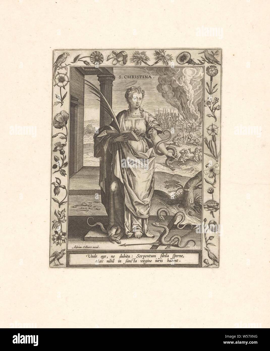 St. Christina, St. Christina. Teil einer Serie von 24 Darstellungen der weiblichen Märtyrer (martyrologium). Die Leistungen verfügen über Grenzen mit Blumen und Tieren, die Jungfrau und Märtyrerin Christina oder Bolsena, mögliche Attribute: Pfeil (s), Buch, Flammen, Mühlstein, Zangen, Schlange, Rad, Vögel, Blumen, Adriaen Collaert, Antwerpen, C. 1590 - C. 1610, Papier, Gravur, H 196 mm x B 150 mm Stockfoto