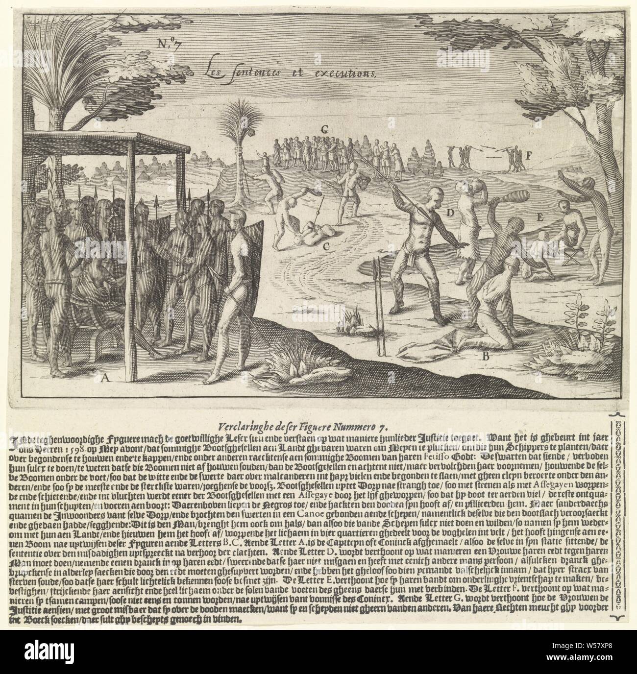 Justiz in Guinea Beschreibung der Gold Küste von Guinea (Titel der Serie), verschiedene Szenen zeigen, wie die Verwaltung der Justiz an der Gold Coast schreitet voran. Auf der linken Seite ist der König, oder Kapitän, als die höchsten Richter. Unter B und C Es wird gezeigt, wie Entscheidungen in vollem Umfang vorgenommen werden. E und D beziehen sich auf die Beziehungen zwischen Männern und Frauen. Unter G steht eine Gruppe von Frauen, die Trauer um die Toten. Bei F zwei Gruppen gegenseitig mit Speeren kämpfen., Afrikaner (anthropologische Merkmale betont), Todesstrafe, Hinrichtung, Zivilrecht, Gericht Session (Justiz), Gold Coast, Johann Theodor de Bry Stockfoto