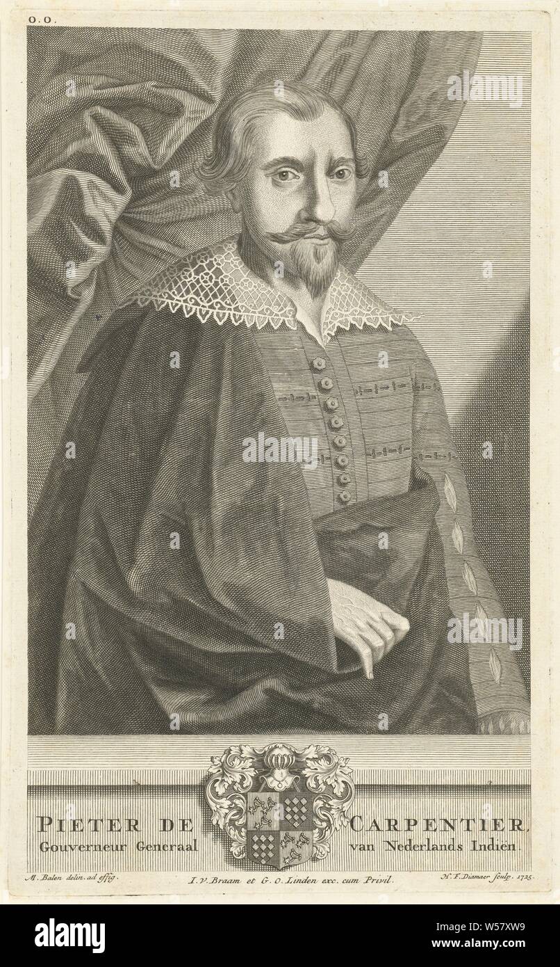 Portrait von Pieter de Carpentier, halb-Abbildung. Unter portrait Wappen., kolonialer Gouverneur, Pieter de Carpentier (1586-1659), Hendrik Frans Diamaer (auf Objekt erwähnt), Antwerpen, 1725, Papier, Gravur, H 303 mm x B 185 mm Stockfoto
