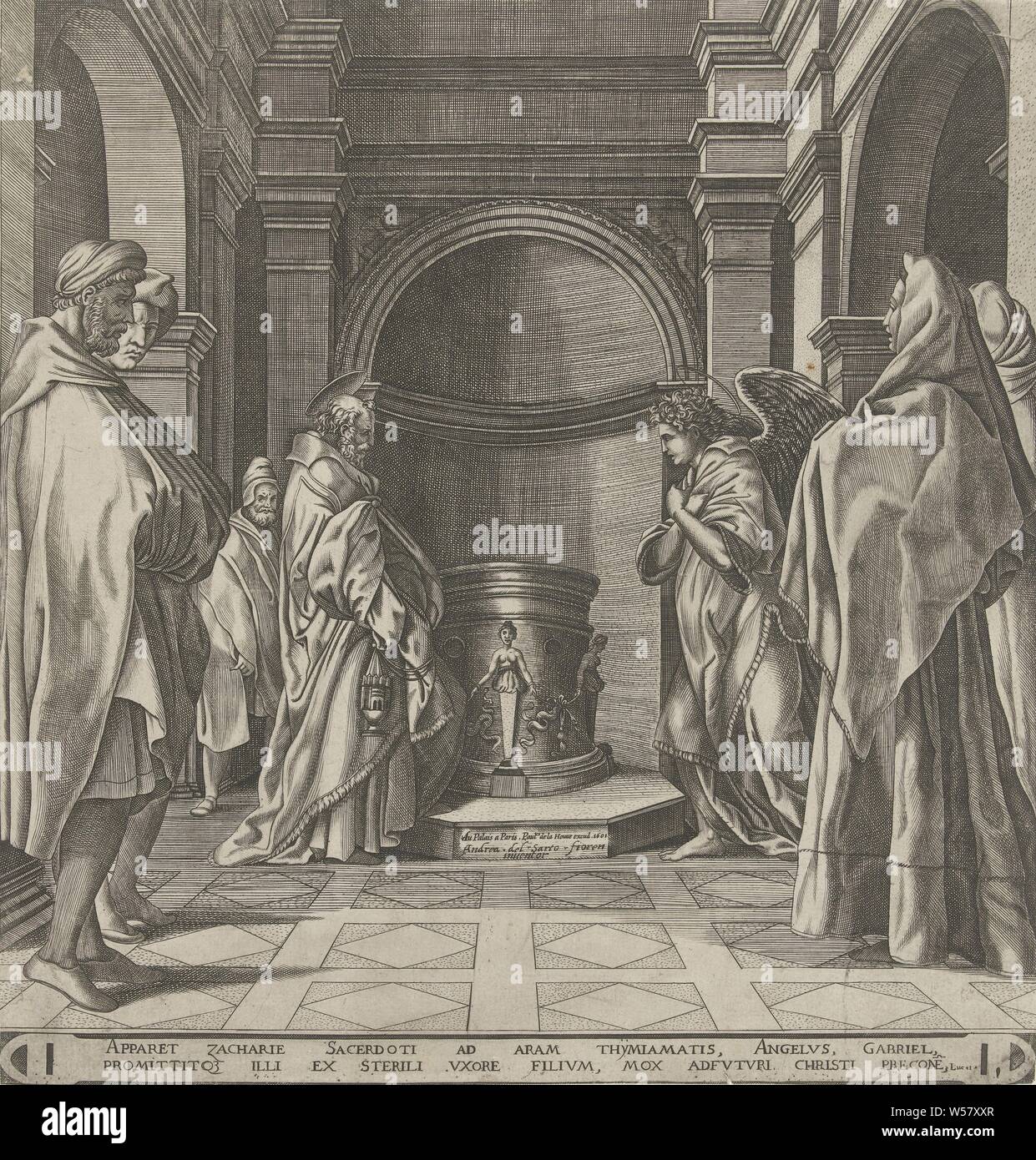 Ankündigung zu Zacharias, in das Innere eines Tempels steht der Hohe Priester Zacharias mit ein Räuchfaß in der Hand. Ihm gegenüber ist der Erzengel Gabriel, der verkündet Zacharias der Geburt eines Sohnes, Johannes der Täufer. Zeigen die beiden Zeilen in Latein, Luc. 1, Verkündigung der Geburt Johannes des Täufers, Zacharias: Während er ist Weihrauch bietet im Tempel ein Engel (Gabriel) zu ihm erscheint, Pieter van der Heyden (auf Objekt erwähnt), Antwerpen, 1601, Papier, Gravur, H 310 mm x B 292 mm Stockfoto