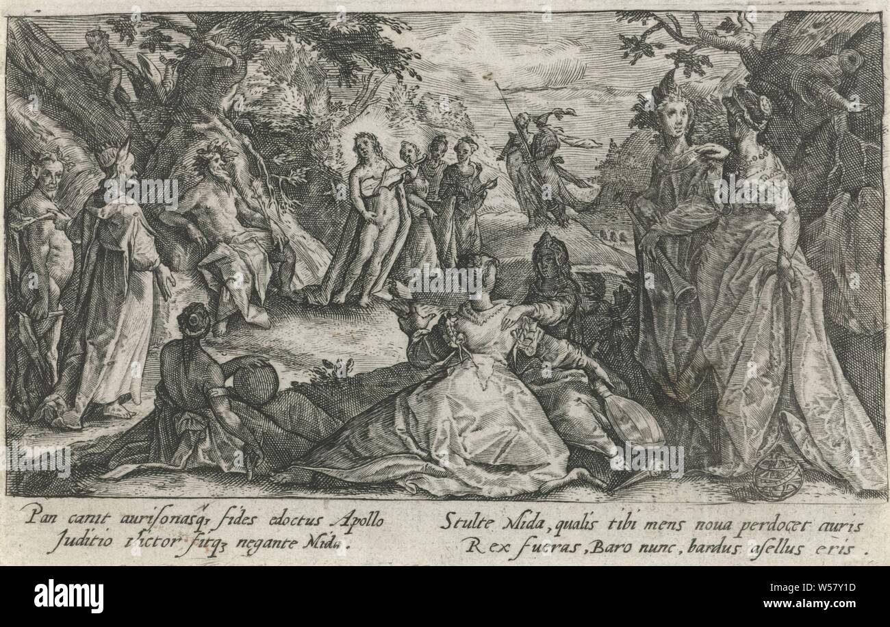 Apollo und Pan Metamorfosen van Ovidius (Titel der Serie), Musik Wettbewerb zwischen Apollo und Pan. König Midas bezeichnet Pan als Sieger und Apollo ihn belohnt mit einem paar Eselsohren. In der Marge eine 4-zeilige Beschriftung, in zwei Spalten, in Latein, Midas gegebenen Ohren's ass: Apollo gibt das Ohr des Midas Esel als Strafe für die Bevorzugung Pan im musikalischen Wettstreit zwischen Apollo und Pan (Ovid, Metamorphosen XI 174), Crispijn van de Passe (I), Keulen, 1602-1607, Papier, Gravur, H 85 mm x B 133 mm Stockfoto