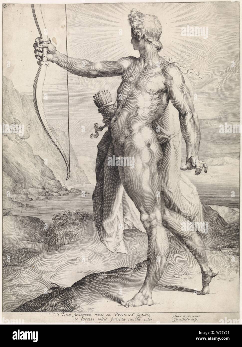 Apollo tötet den Drachen Python, Apollo tötet mit seinem Pfeil und Bogen die Python Dragon. Unten in der Marge ein 2-Segment lateinischen Textes, Apollo schießt Python, den Drachen, Skulptur, die Vervielfältigung von Skulptur, Jan Harmensz. Muller (auf Objekt erwähnt), Amsterdam, 1596-1600, Papier, Gravur, H 409 mm x B 305 mm Stockfoto