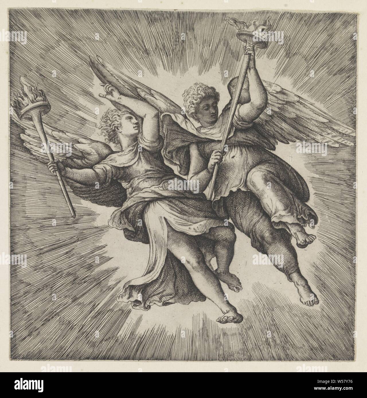 Zwei Engel mit brennenden Fackeln, Angel (s) mit Taschenlampe, Battista Franco, Italien, 1520 - 1561, Papier, Ätzen, H 198 mm x B 193 mm Stockfoto