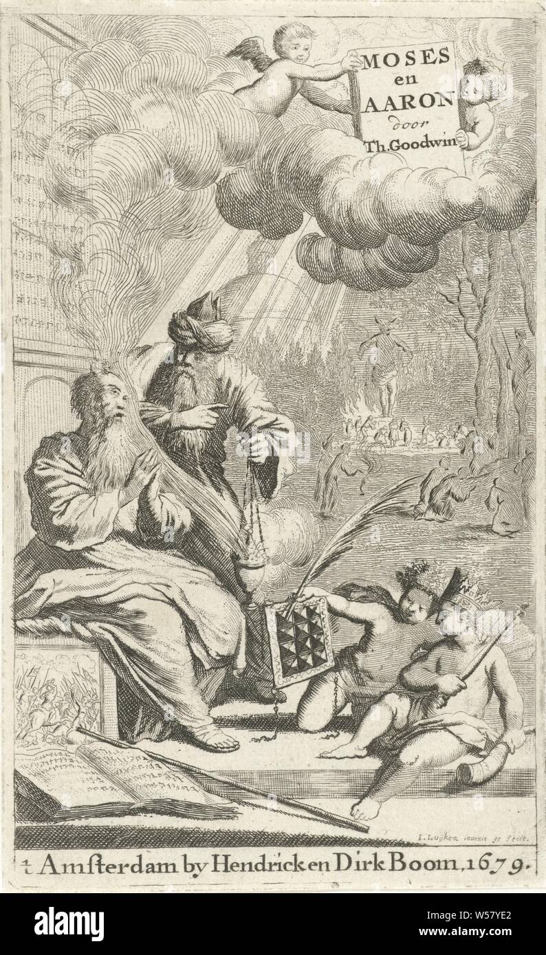 Mose und Aaron Titel Seite Für: T. Godwin, Mose und Aaron, 1679, Moses (nicht im biblischen Kontext), mögliche Attribute: Lichtstrahlen oder Hörner auf dem Kopf, Stange, Tabellen des Gesetzes, Aaron (nicht im biblischen Kontext), mögliche Attribute: Attribute von Aaron: Pfanne, als hoher Priester oder Bischof, Salbe jar, Stange oder blühende Mauer gekleidet, die zehn Gebote zusammen auf steinernen Tafeln, Räucherstäbchen - Brenner, Düfte, Parfums, Jan Luyken (auf Objekt erwähnt), Amsterdam, Papier, Ätzen, H 138 mm x W 85mm vertreten Stockfoto