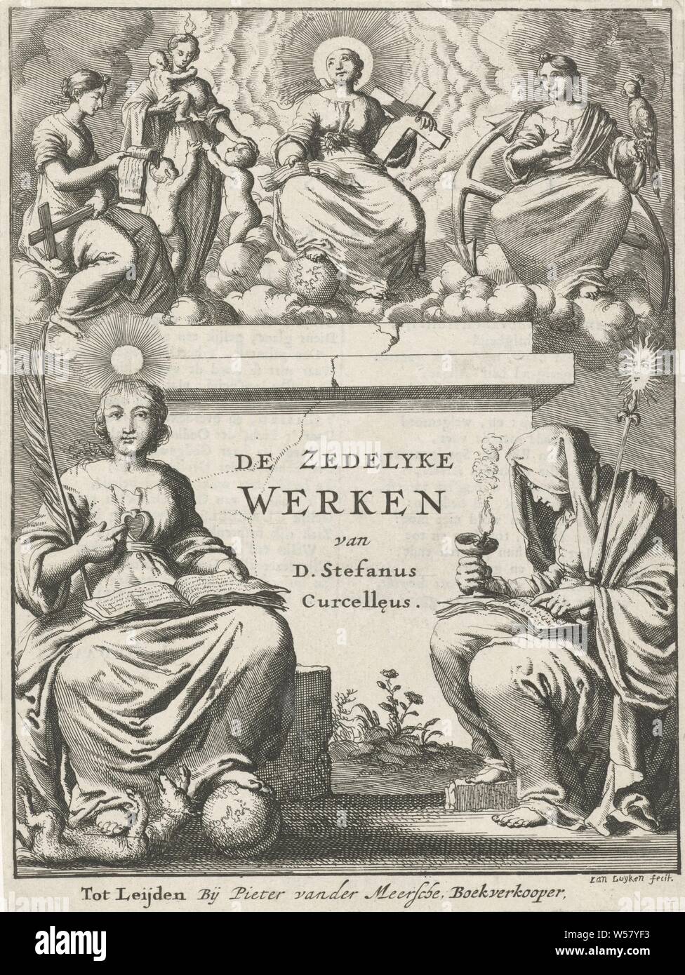 Frömmigkeit, die den drei göttlichen Tugenden Titel Seite umgeben Für: S. Curcellaeus, die Zedelyke arbeitet, Ca. 1674, vor einem Podest steht das personifizierte Frömmigkeit, durch die personifikationen der Hoffnung, der Liebe und des Glaubens umgeben (die drei göttlichen Tugenden). Im Vordergrund befindet sich auf der rechten Seite der Intellekt und die Wahrheit, die drei göttlichen Tugenden, Intellekt, Intelligenz,'Intelletto','Intelligenza' (Ripa), Wahrheit, "VERITÀ" (Ripa), Jan Luyken (auf Objekt erwähnt), 1674, Papier, Buchdruck, H 188 mm x B 141 mm Stockfoto