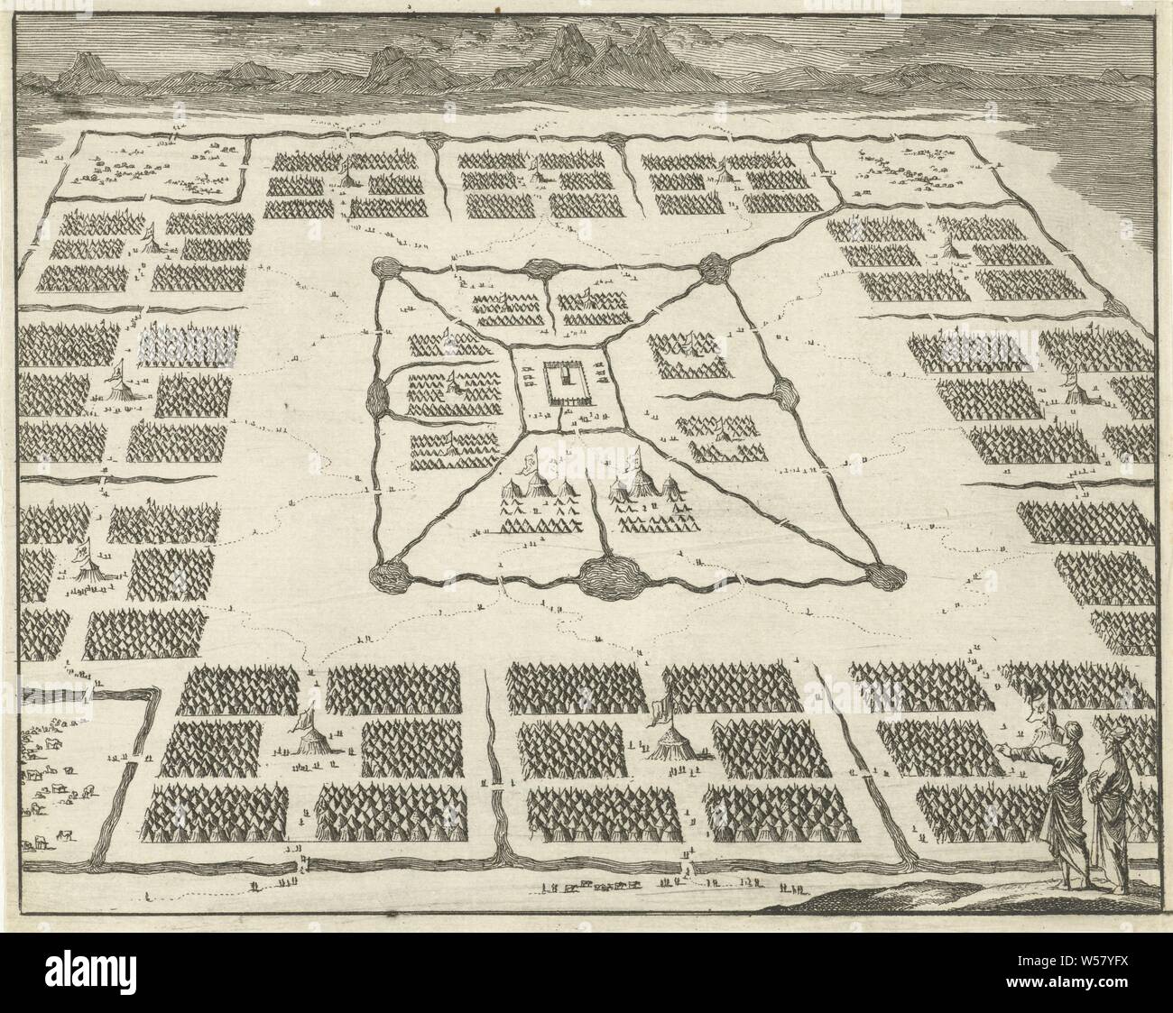 Zeltlager der zwölf Stämme Israels angeordnet um die Wohnung, die zwölf Stämme Israels (nicht im biblischen Kontext), Tabernakel, 'mishkan', jüdische Religion, anonym, 1683-1762, Papier, Ätzen, H 137 mm x B 173 mm Stockfoto