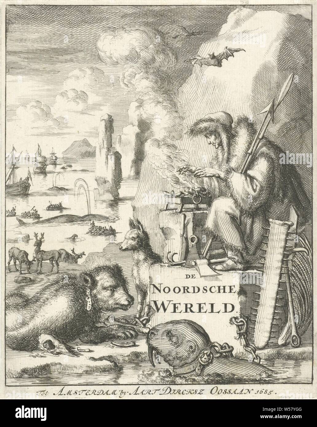 Mann verkleidet in Fell und wärmte sich durch eine Kohle Feuer Titel Seite für: P.M. de la Martinière, De noordsche weereld, 1685 Mann in pelzmäntel selbst von einem Kohle gekleidet. Er hält zwei harpunen unter dem Arm. Um den Mann ein Walross und Bär, die beide mit Kragen, und ein Fuchs. In der Ferne Rentier und ein Wal Jagd am Meer, wärmen sich an einem Feuer (oder Ofen, Herd, Feuer-pan, brazier), Raubtiere, räuberische Tiere: Fox, Schwimmen Säugetiere (mit Namen), räuberische Tiere: Eisbären, Wale Fischerei, Walfang, Jan Luyken, Amsterdam, Papier, Ätzen, H 178 mm x B 141 mm Stockfoto