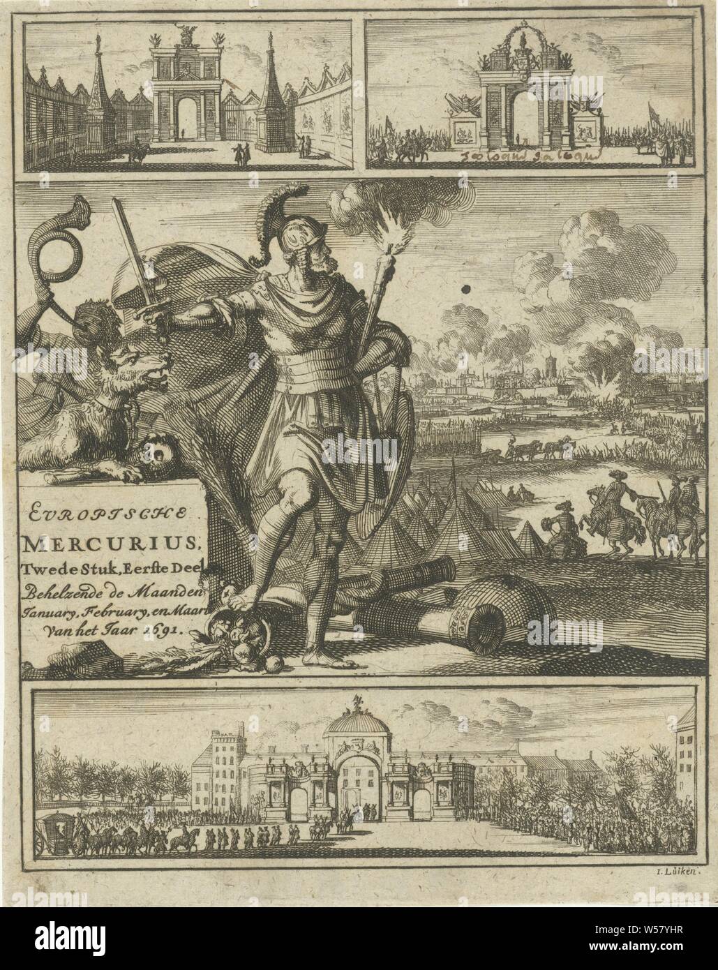 Mars mit erhobenem Schwert vor einer Stadt gefeuert Titel Seite für: Europäische Quecksilber, Zweites Stück, erster Teil: In den Monaten Januar, Februar und März des Jahres 1691, Mars mit erhobenem Schwert für eine gefeuert Stadt. Über diese Darstellung die Darstellung der Siegeszug der Tore auf dem Grote Markt und der Plaats, die für die Eingabe von König William III. nach Den Haag vorbereitet. Unter der triumphal Gate am Buitenhof in Den Haag, (Geschichte der) Mars (Ares), Triumphbogen, Grote Markt, Buitenhof, Jan Luyken (auf Objekt erwähnt), Amsterdam, 1691, Papier, Ätzen, H 172 mm x B 136 mm Stockfoto