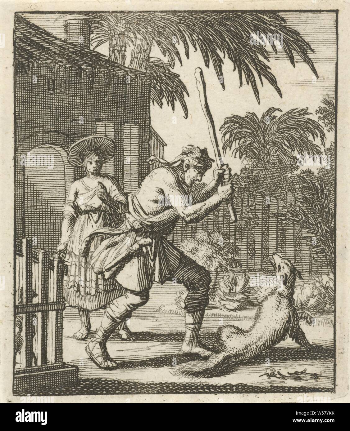 Fox von einem Mann mit einem Stock getötet, Raubtiere, räuberische Tiere: Fox, Mann töten Tiere, Jan Luyken, Amsterdam, 1693, Papier, Ätzen, H 87 mm x B 75 mm Stockfoto