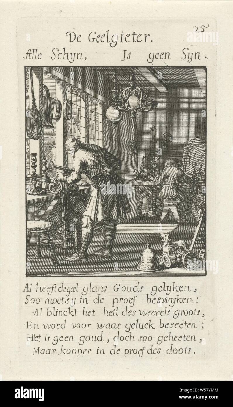 Geelgieter De Geelgieter (Titel auf Objekt) Der Menselyk Bedryf (Titel der Serie), Kunsthandwerk, Metall, Caspar Luyken, Amsterdam, 1694, Papier, Ätzen, H 139 mm x B 80 mm Stockfoto