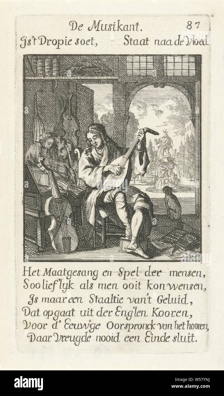 Musiker De Musikant (Titel auf Objekt) Der Menselyk Bedryf (Titel der Serie), Musiker, Caspar Luyken, Amsterdam, 1694, Papier, Ätzen, H 140 mm x B 80 mm Stockfoto