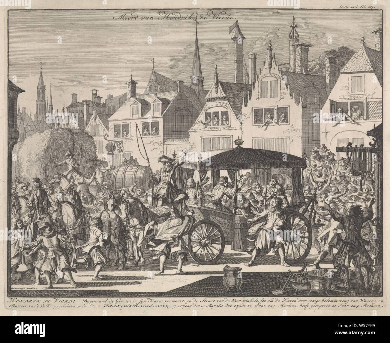 Heinrich IV., König von Frankreich und Navarra, ermordet durch den Mönch François Ravaillac, 1610 Heinrich der Vierte Bygenamet der Große in syn Karos in der Straße von der Yser speichert ermordet (...) (Titel auf Objekt), Drucken oben rechts: Erste Teil Fol. 285, Versuch, politische Morde, vierrädrige, Tieren gezogenen Fahrzeug, zb.: Cab, Schlitten, Coach, Henry IV (König von Frankreich und Navarra), François Ravaillac, Jan Luyken (auf Objekt erwähnt), Amsterdam, 1696, Papier, Ätzen, H 299 mm x B 376 mm Stockfoto