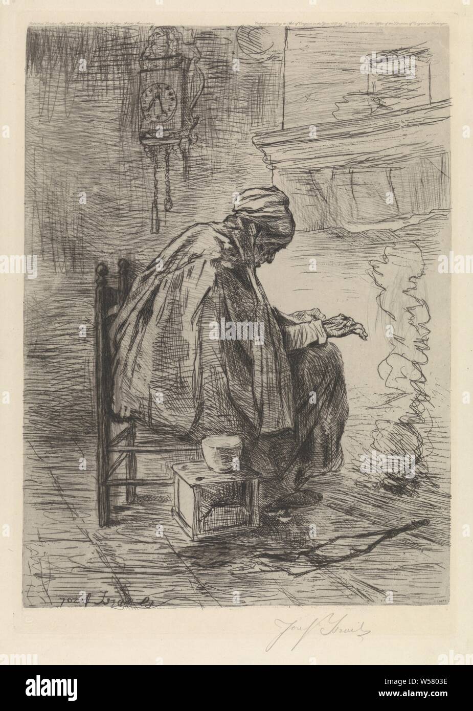 Alte Frau Am Kamin, Alte Frau, Auf Einem Stuhl Sitzend, Wärmende Hände  Durch Den Kamin. Rechts Neben Ihr Ein Hocker Mit Einer Schüssel. Auf Der  Linken Seite Der Wand Ist Eine Wanduhr,