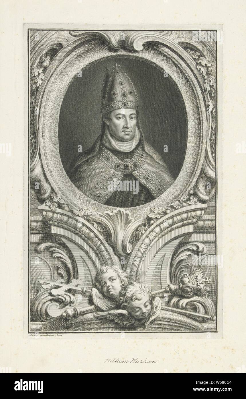 Porträt von William Wickham, Portrait der Bischof William Wickham. Unter dem Porträt zwei Putten, ein prozessionskreuz und ein Personal., Jacob Houbraken (auf Objekt erwähnt), Amsterdam, 1736 - 1738, Papier, Stift, H 374 mm x B 238 mm Stockfoto