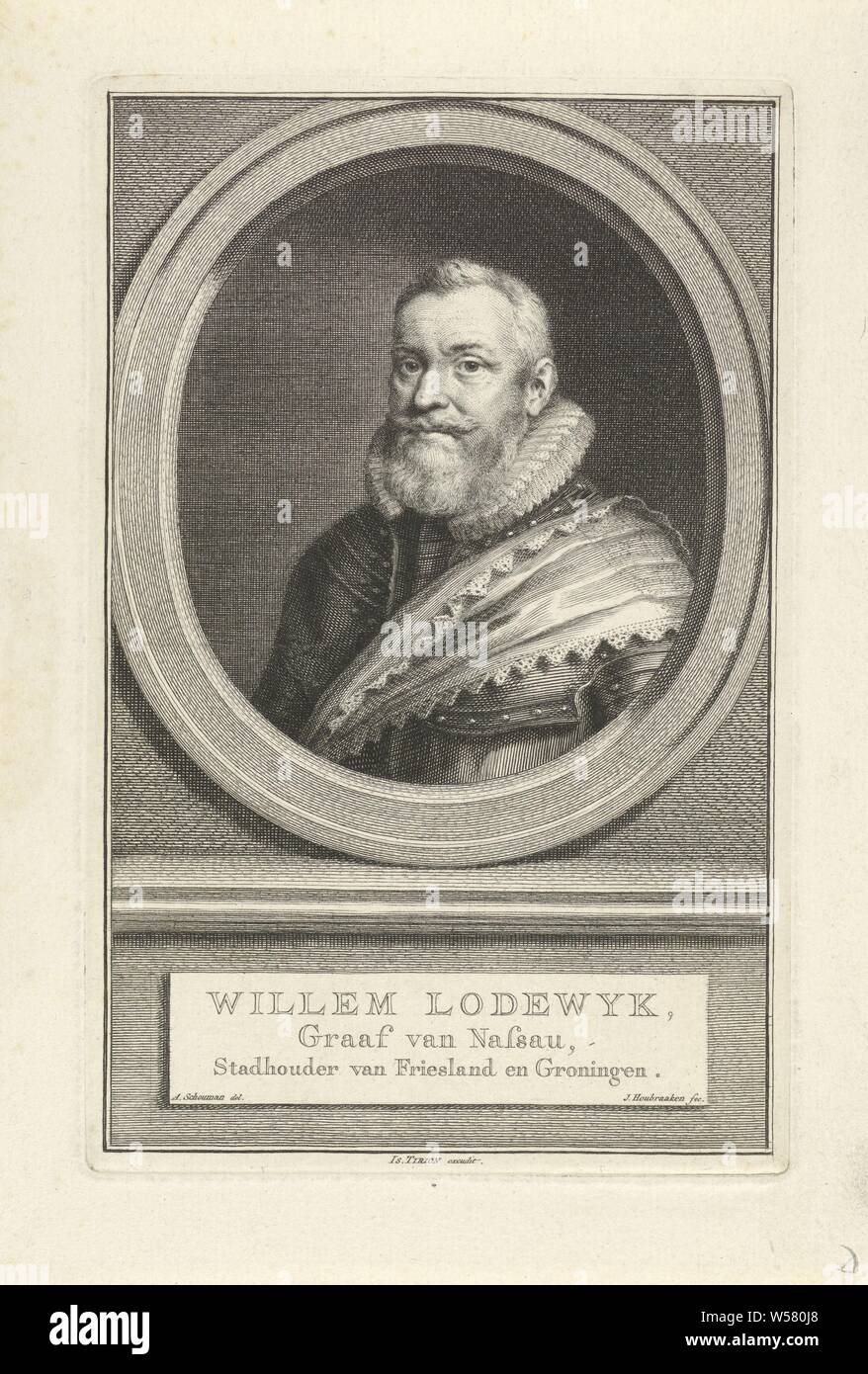 Portrait von Willem Lodewijk, Graf von Nassau, Willem Lodewijk Graf von Nassau-Dillenburg, Jacob Houbraken (auf Objekt erwähnt), Amsterdam, 1749 - 1759, Papier, Gravur, H 180 mm x B 115 mm Stockfoto