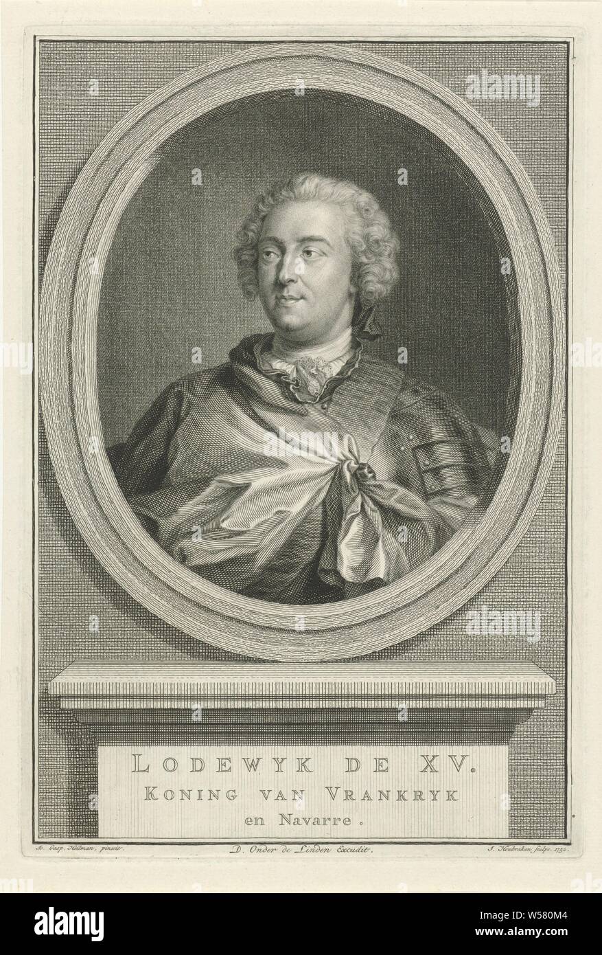 Porträt von Ludwig XV., König von Frankreich Lodewyk der XV. Der König von Frankreich und Navarra (Titel auf Objekt), Büste von Ludwig XV., König von Frankreich in ein Oval. Das Porträt ruht auf einem Sockel, auf dem sein Name und Informationen in den drei Zeilen in Holländisch geschrieben sind., Louis XV (König von Frankreich), Jacob Houbraken (auf Objekt erwähnt), Amsterdam, 1752, Papier, Ätzen, H 269 mm x B 182 mm Stockfoto