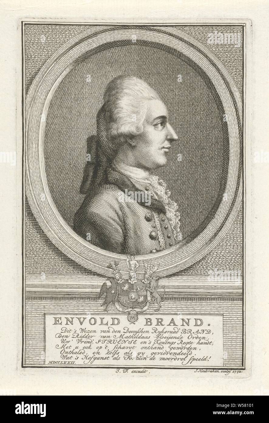 Portrait von Enewold Brandt Envold Marke (Titel auf Objekt), Büste auf der rechten Seite des Enewold Brandt in einem Oval, mit seiner Waffe an der Unterseite. Das Porträt ruht auf einem Sockel, auf dem sein Name, einschließlich sechs - line Vers in Niederländisch., Enewold Brandt, Jakob Houbraken (auf Objekt erwähnt), Rotterdam, 1772, Papier, Ätzen, H 157 mm x B 104 mm Stockfoto