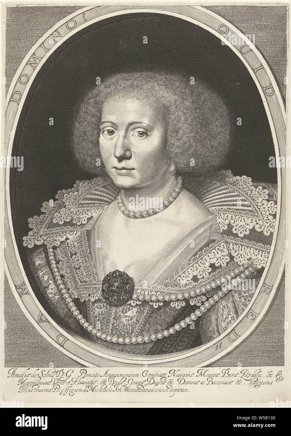 Portrait von Amalia van Solms, Büste mit Spitzen flachen Kragen und Pearl Schnüre, Schmuck auf der Brust in Ovaler Rahmen mit lateinischen Motto. Im unteren Rand lateinische Inschrift in drei Linien., Amalia van Solms, Willem Jacobsz. Delff, 1629-1679, Papier, Gravur, H 416 mm x B 297 mm Stockfoto