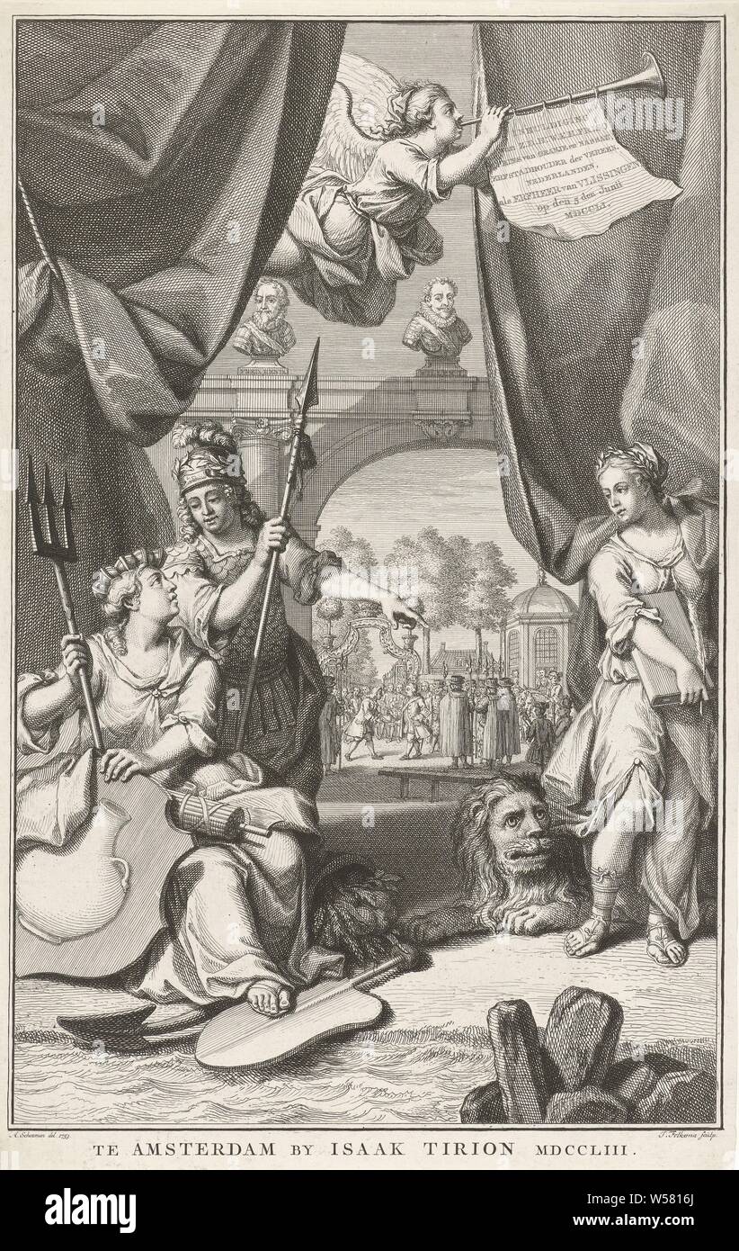 Eintrag von Willem IV als Erbe nach Vlissingen, 5. Juni 1751, das personifizierte Hoffnung sitzt auf der linken Seite mit einer Krone der Boote auf dem Kopf, eine teilweise unter ihre Robe versteckt verankern. Neben ihr ist die Personifikation der Kraft, die ihr Punkte zu einer dritten Figur, die Personifizierung der Geschichte. Über diese personifikationen ein Engel bläst Trompete, auf der ein Tuch mit Text hängt. Im Hintergrund ist ein Tor mit porträtbüsten von Frederik Hendrik und Willem I. durch das Tor, das Ihnen die Eingabe von Wilhelm IV. als Erbe nach Vlissingen, wo er die Schlüssel der Stadt angeboten werden sehen können., triumphalen Einzug Stockfoto