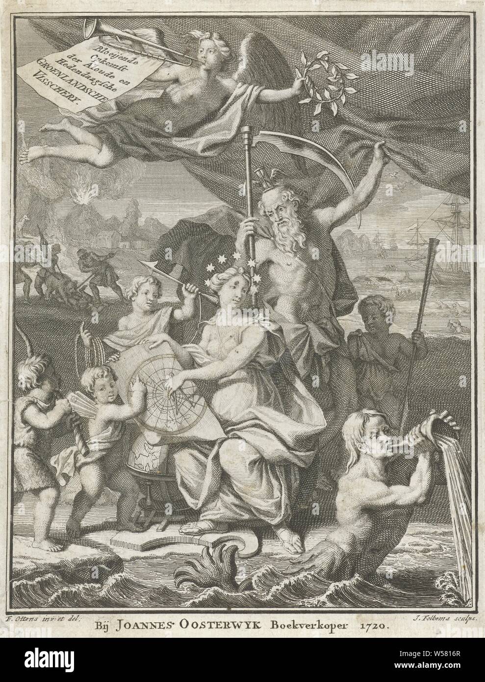 Allegorische Show mit Urania und Vader Tijd Titel Seite für: C.G. Pflege Carrier, Bloeyende Aufstieg des antiken und zeitgenössischen Grönland Fische Galerie, 1720, Urania, die Muse der Astronomie, ist mit Stars, neben einem Globus gekrönt und Maßnahmen Kreise auf ein Blatt Papier mit einem Kompass. Hinter ihr steht Vater Zeit mit einer Sense in der Hand und einem geflügelten Sanduhr auf seinem Kopf. Dieses Paar wird von Putten umgeben. Ein Engel bläst Trompete ist das Fliegen mit einem Lorbeerkranz in den Händen. Ganz im Vordergrund ein Fluss Gott bläst auf eine Shell, über die das Wasser fließt. Der Hintergrund auf der linken Seite zeigt ein Stockfoto